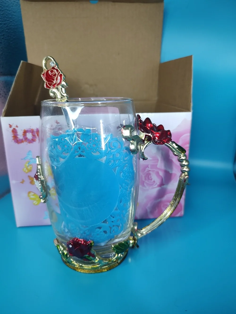 Handicraft Crystal Glass 3D Flower Tea Cup with Spoon Red Rose Accents